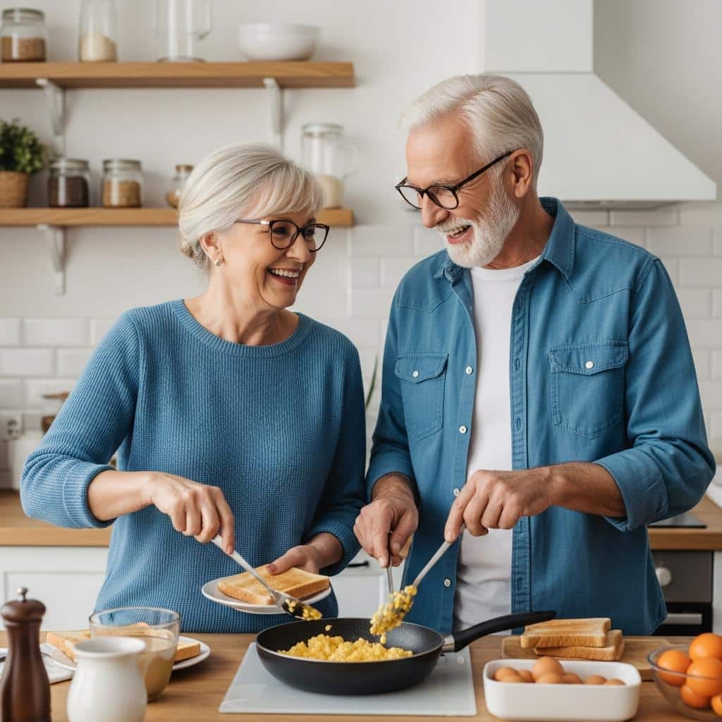 Senior couple smiling while cooking eggs and toast in sunny kitchen, waist-up