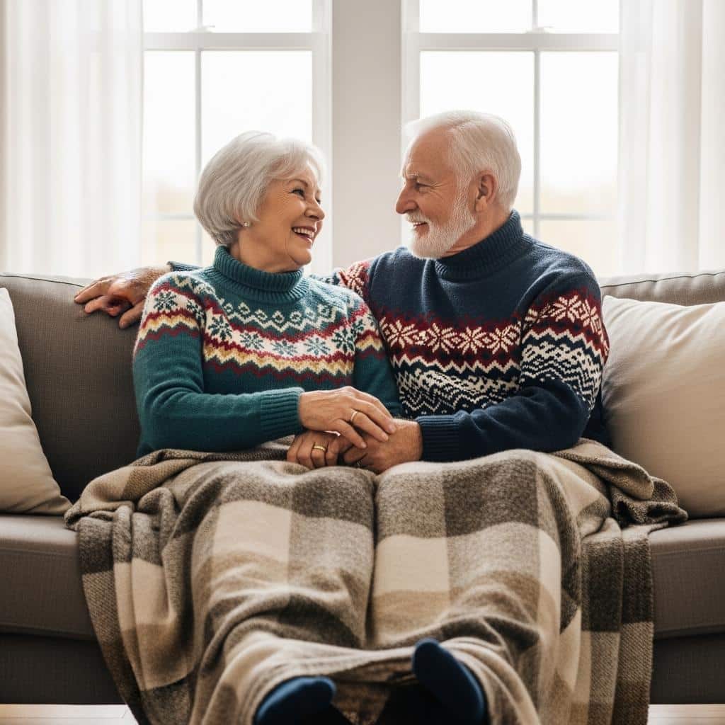 Older couple on sofa with blanket, smiling, in daylight-filled living room