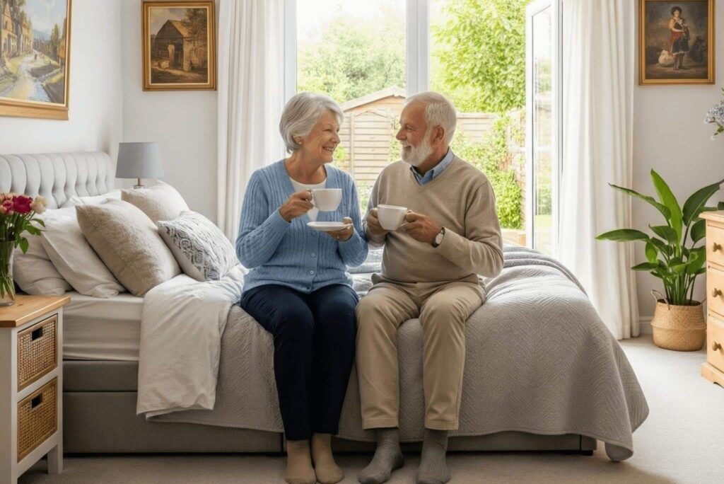 Older woman pauses at the bottom of a staircase, looking up thoughtfully in soft daylight