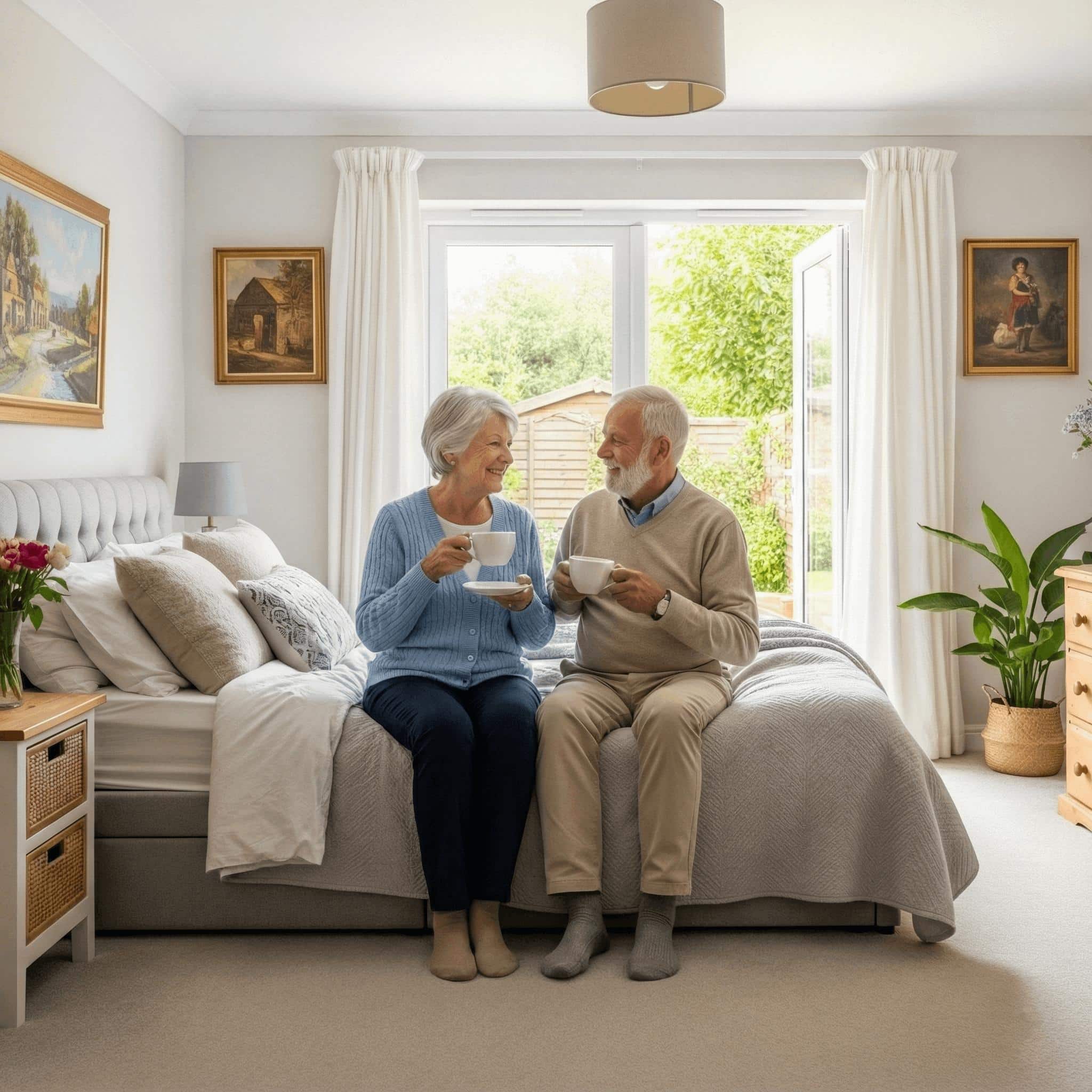 Older couple sitting on bed with tea in a sunlit, comfortable first-floor bedroom adorned with personal items