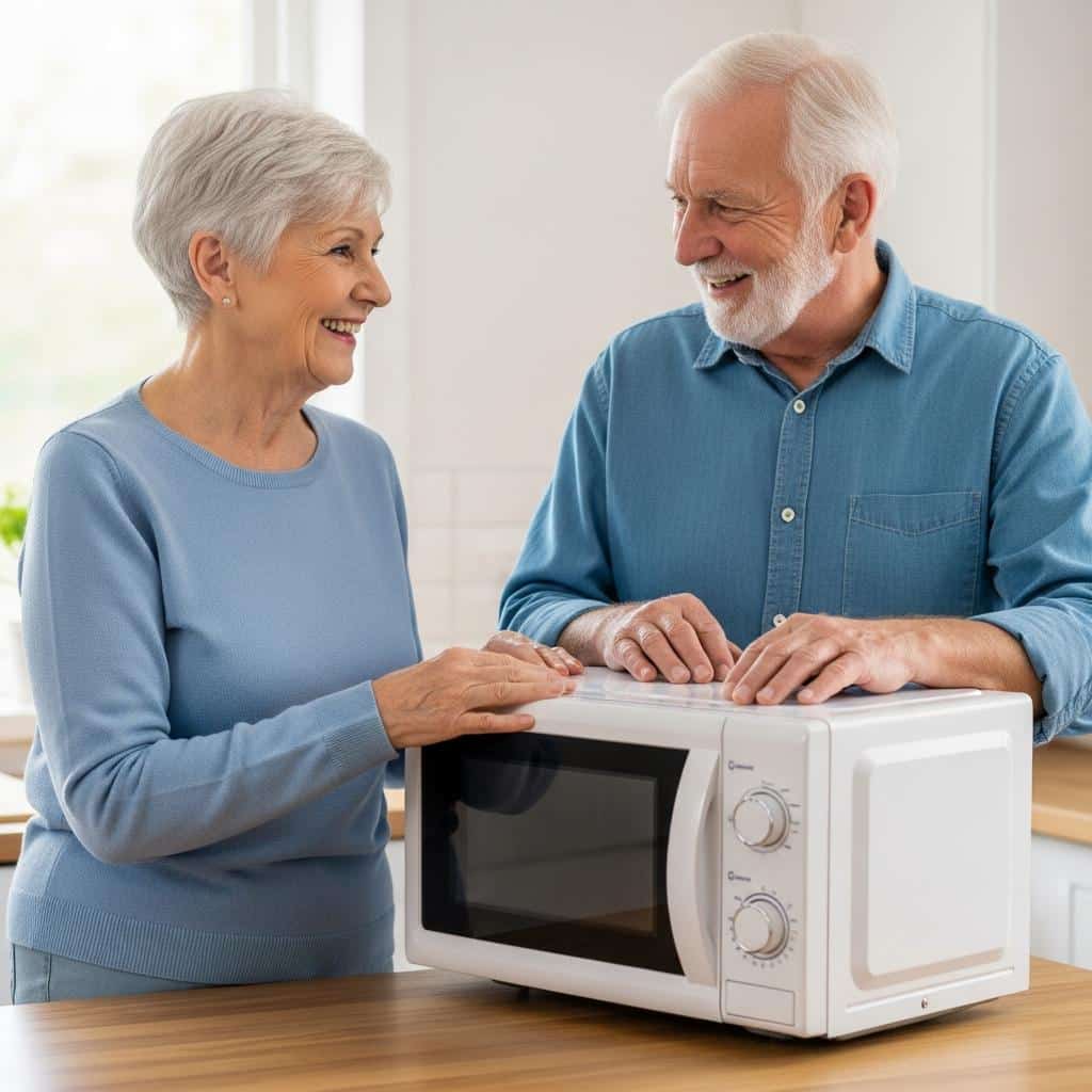 Older couple in kitchen unboxing new microwave with large buttons, waist-up