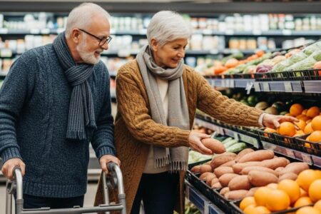 Older couple walker grocery shopping produce[1]