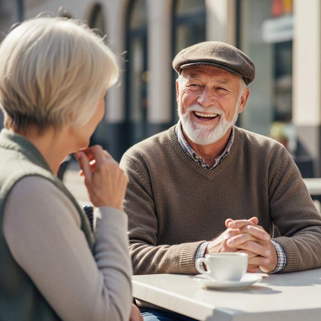 Older man and woman sitting at café table, talking comfortably