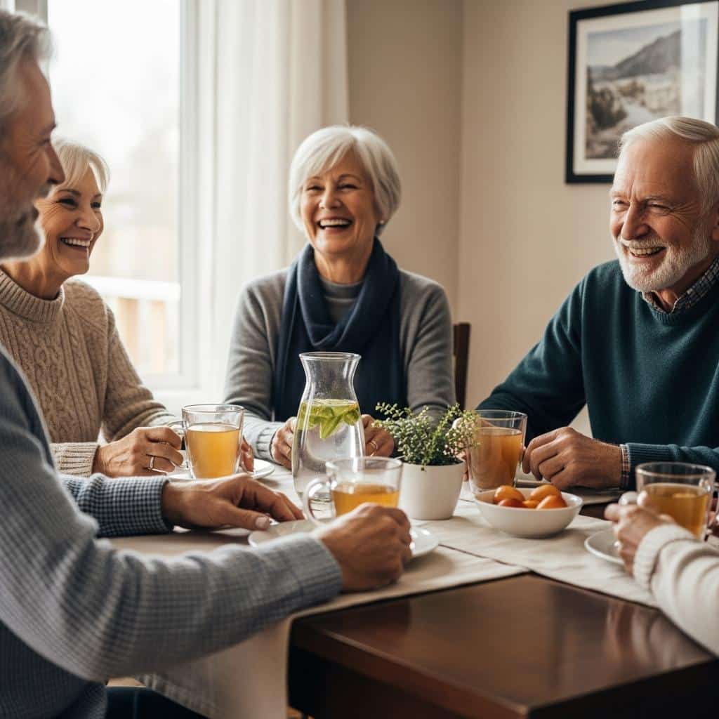 Group of older adults enjoying teas and infused waters around a table in winter, waist-up view