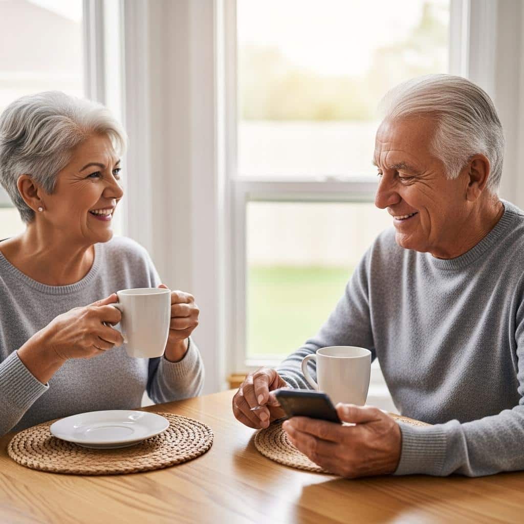 Older couple at a breakfast nook, enjoying coffee while messaging family on a phone