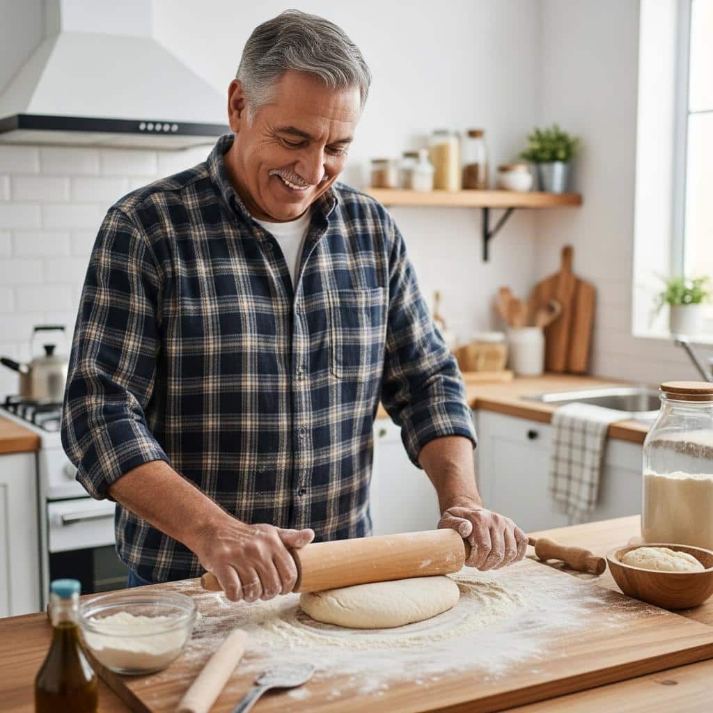 Older man shaping bread dough on a kitchen counter, waist-up