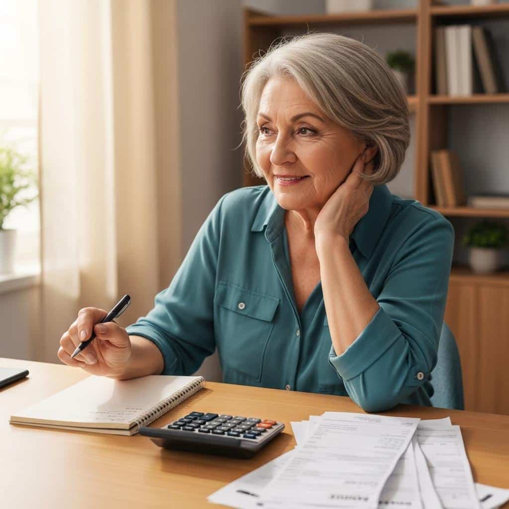 Older woman at a desk using a notepad and calculator for her monthly bill plan, natural light.