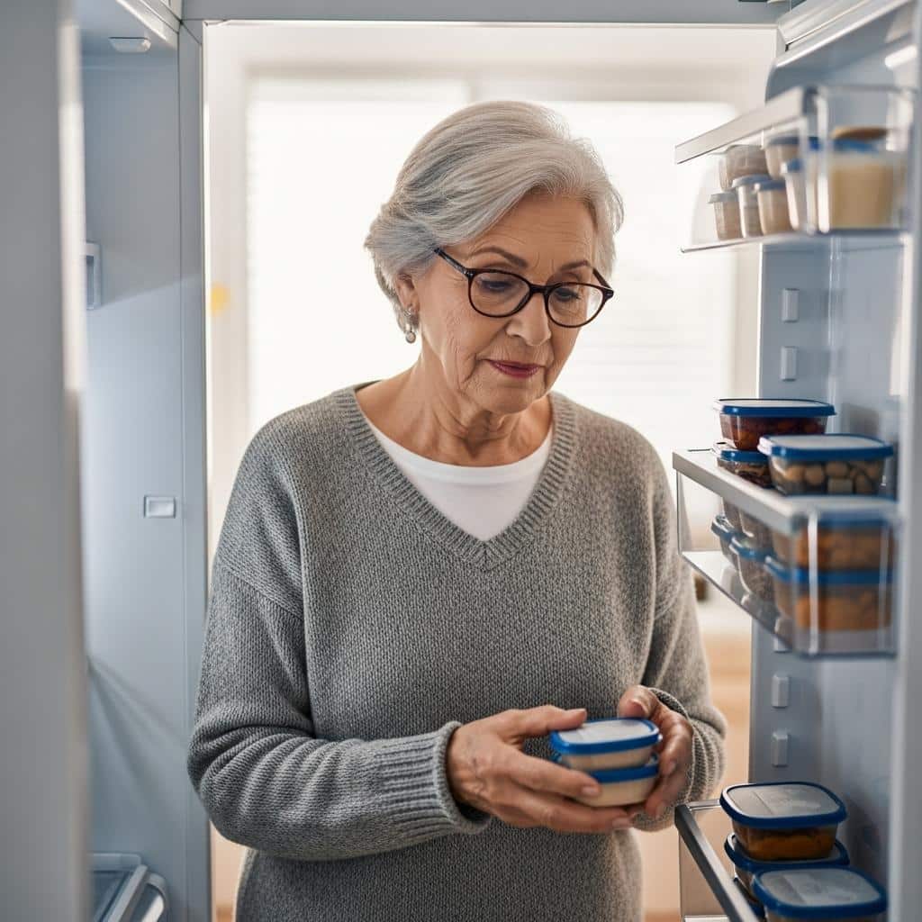 Older woman organizing single-serve meal containers in open fridge, waist-up