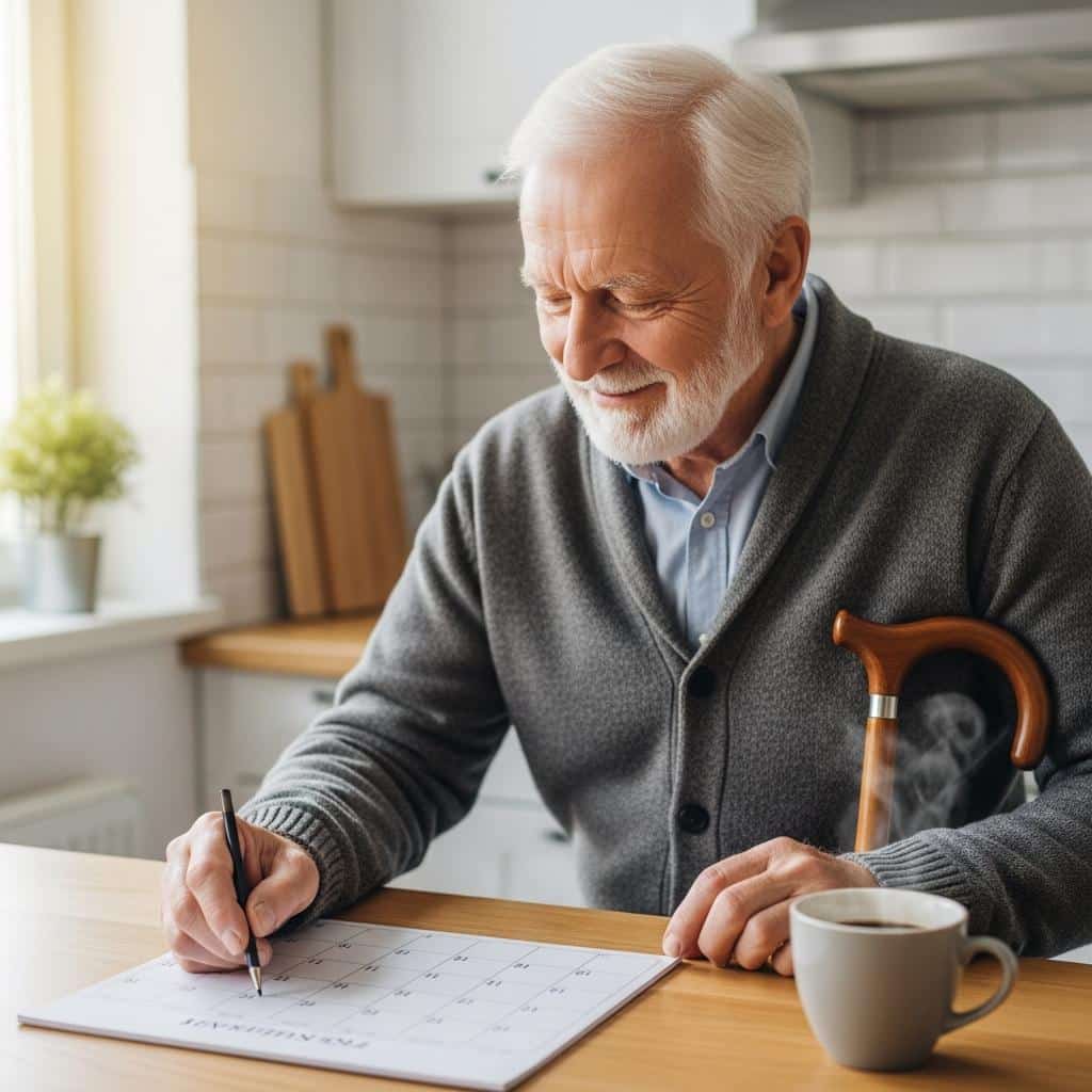 Older man using cane marking a date on wall calendar in kitchen