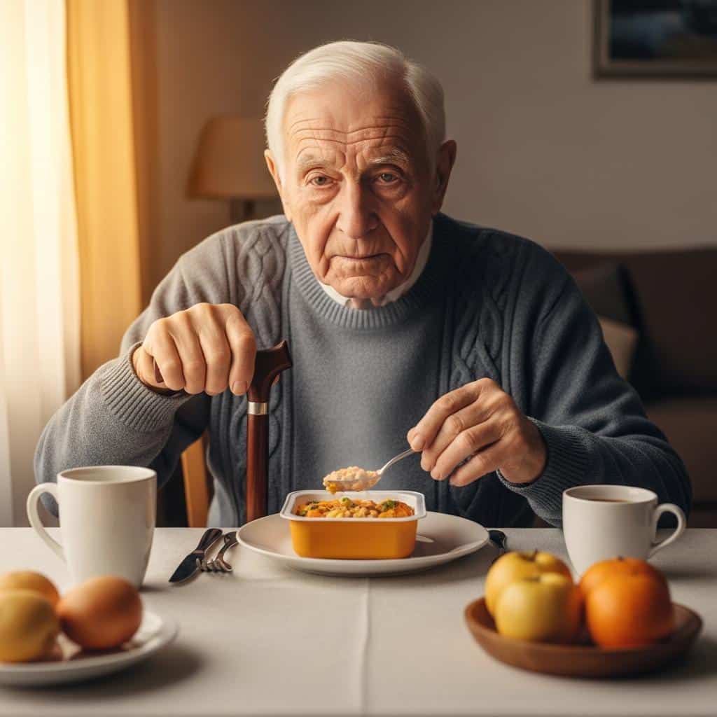 Older man with a cane sitting at the table, enjoying a hot microwave dinner