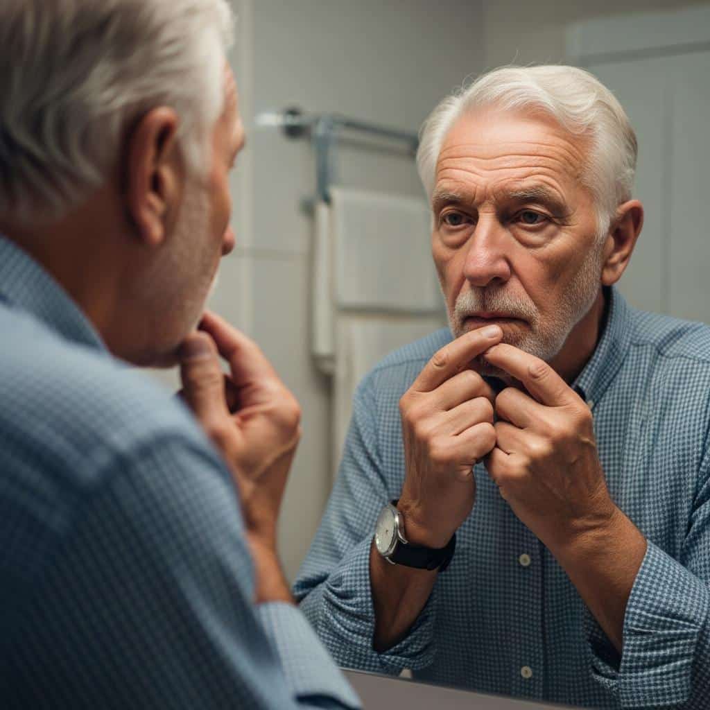 Senior man in the bathroom, touching his lips while checking his reflection with a pensive look