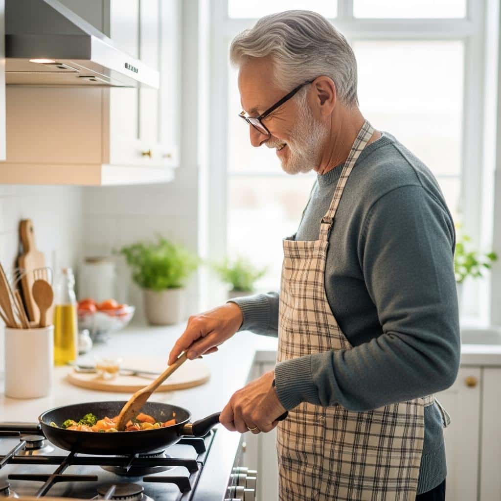 Older man with glasses and apron stirring vegetables in a skillet in a bright kitchen