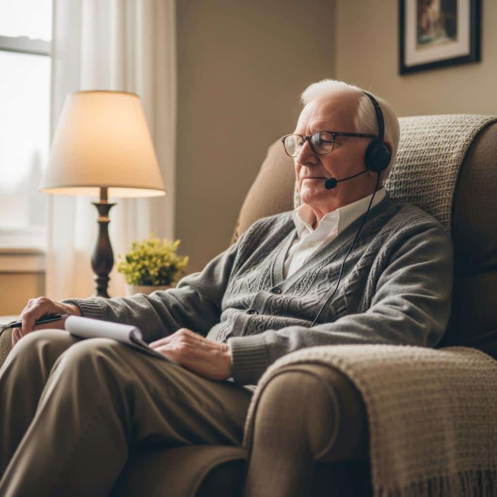 Older man with headset and notepad sitting in a recliner, speaking thoughtfully