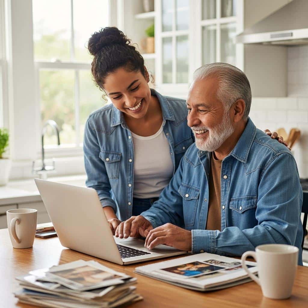 Older man and young adult grandchild creating a digital photo album on a laptop in sunny kitchen