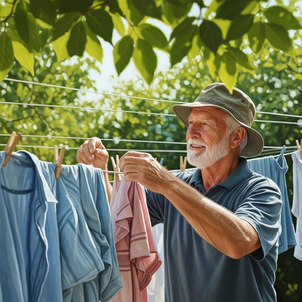 Older man hanging clothes on a backyard line with sunlight filtering through trees