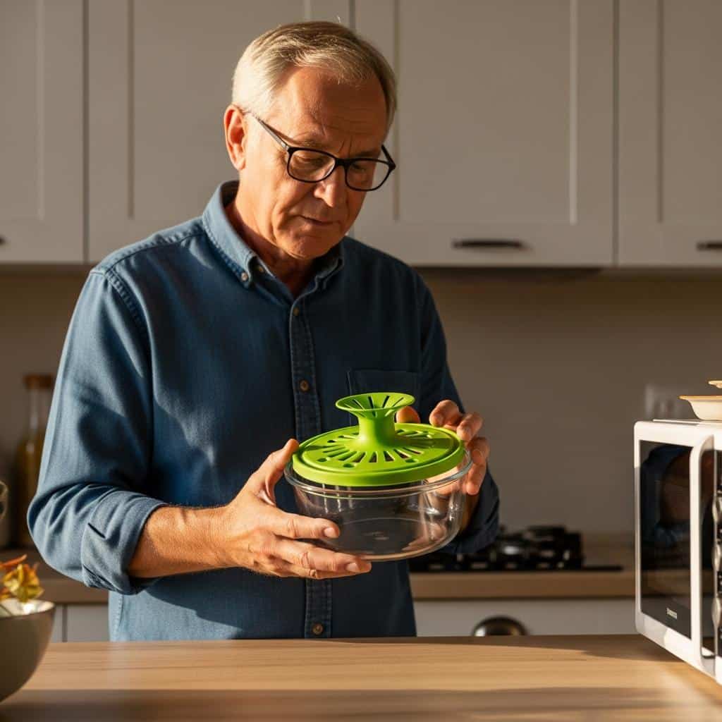 Older man holding and looking at a glass microwave-safe container in his kitchen, waist-up