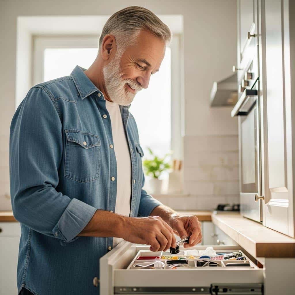 Senior man sorting a kitchen drawer, smiling gently in a sunlit kitchen