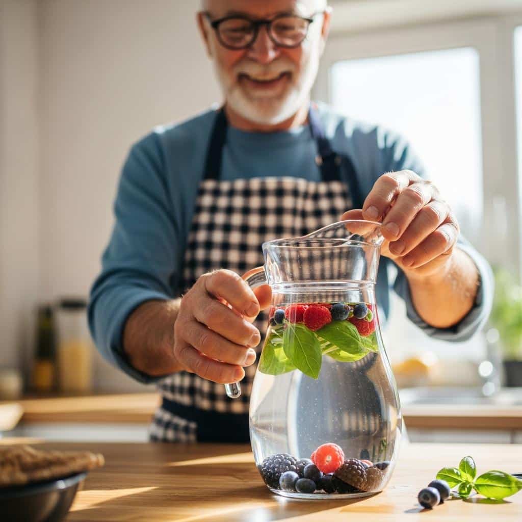 Older hands preparing berry and basil infused water in a kitchen, close-up focus