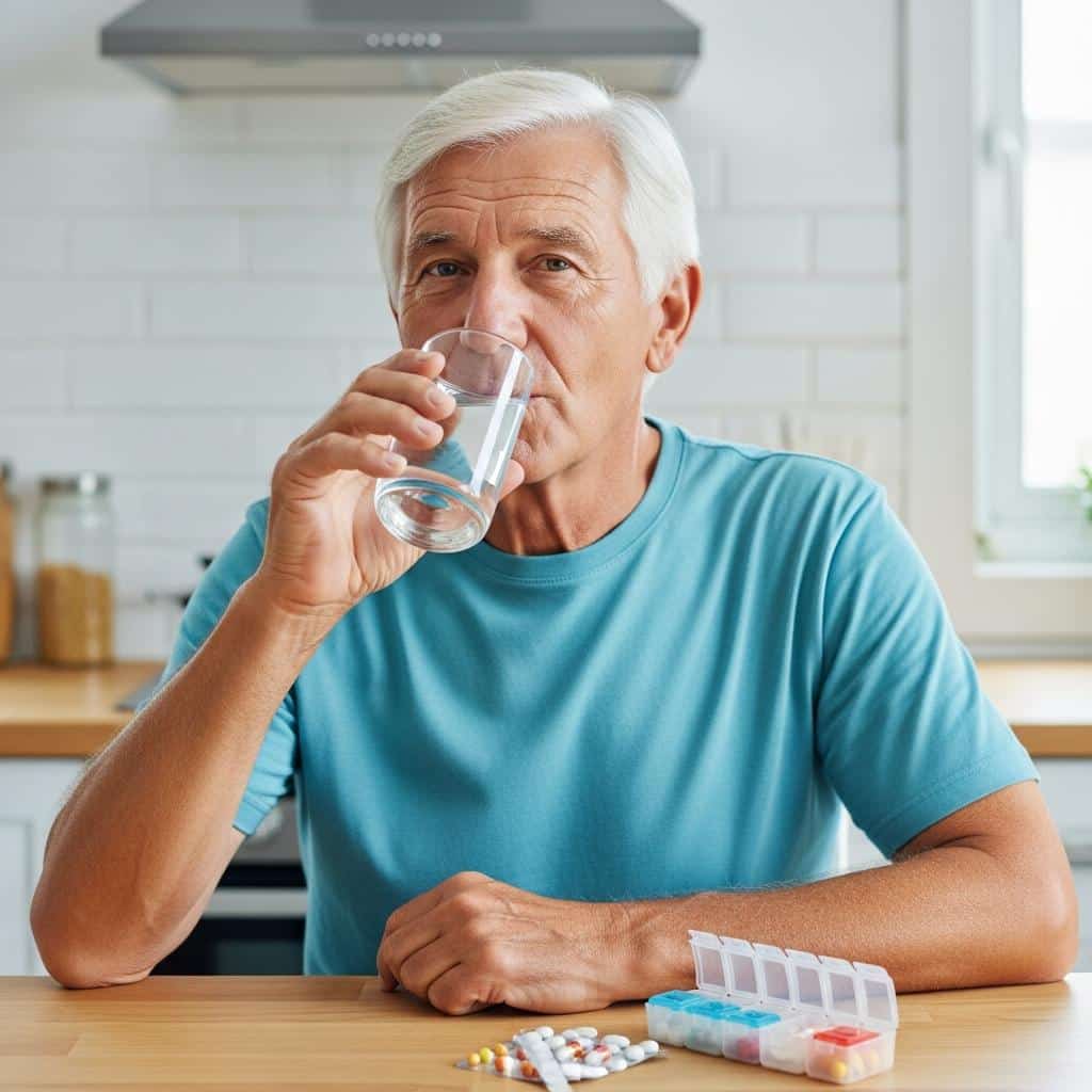 Older man drinking water beside his medication organizer in a sunlit kitchen, waist-up framing