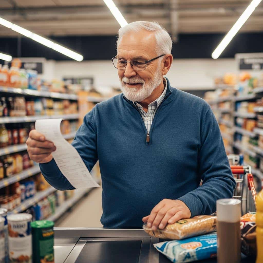 Older man checking grocery receipt at store checkout, groceries on counter