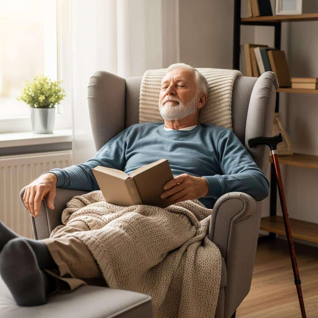 Senior man relaxing in armchair with book and blanket, cane nearby, half-body view