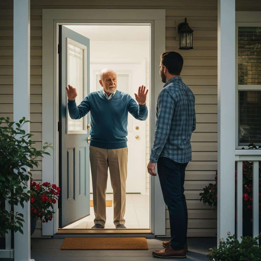 Older man on front porch gesturing while talking to a visitor in afternoon sunlight