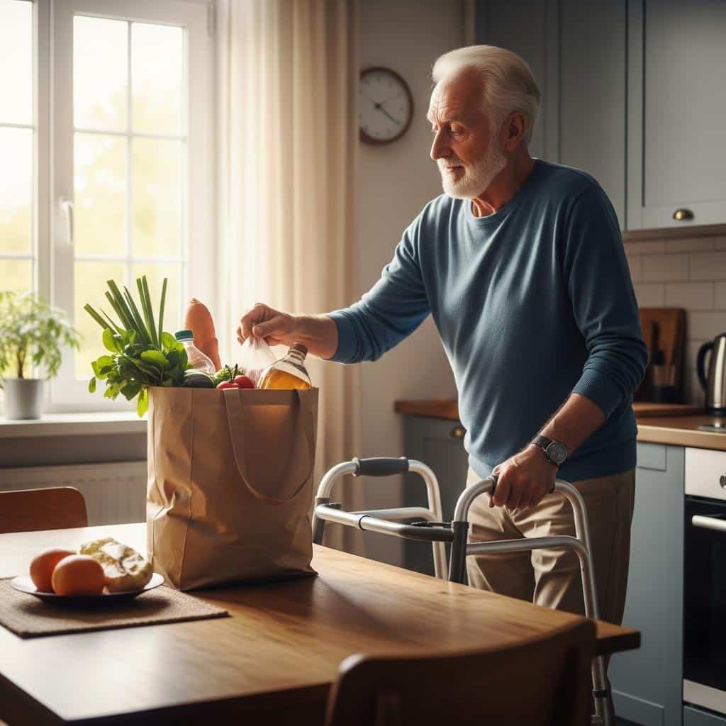 Older man with walker placing groceries on kitchen table, full-body view