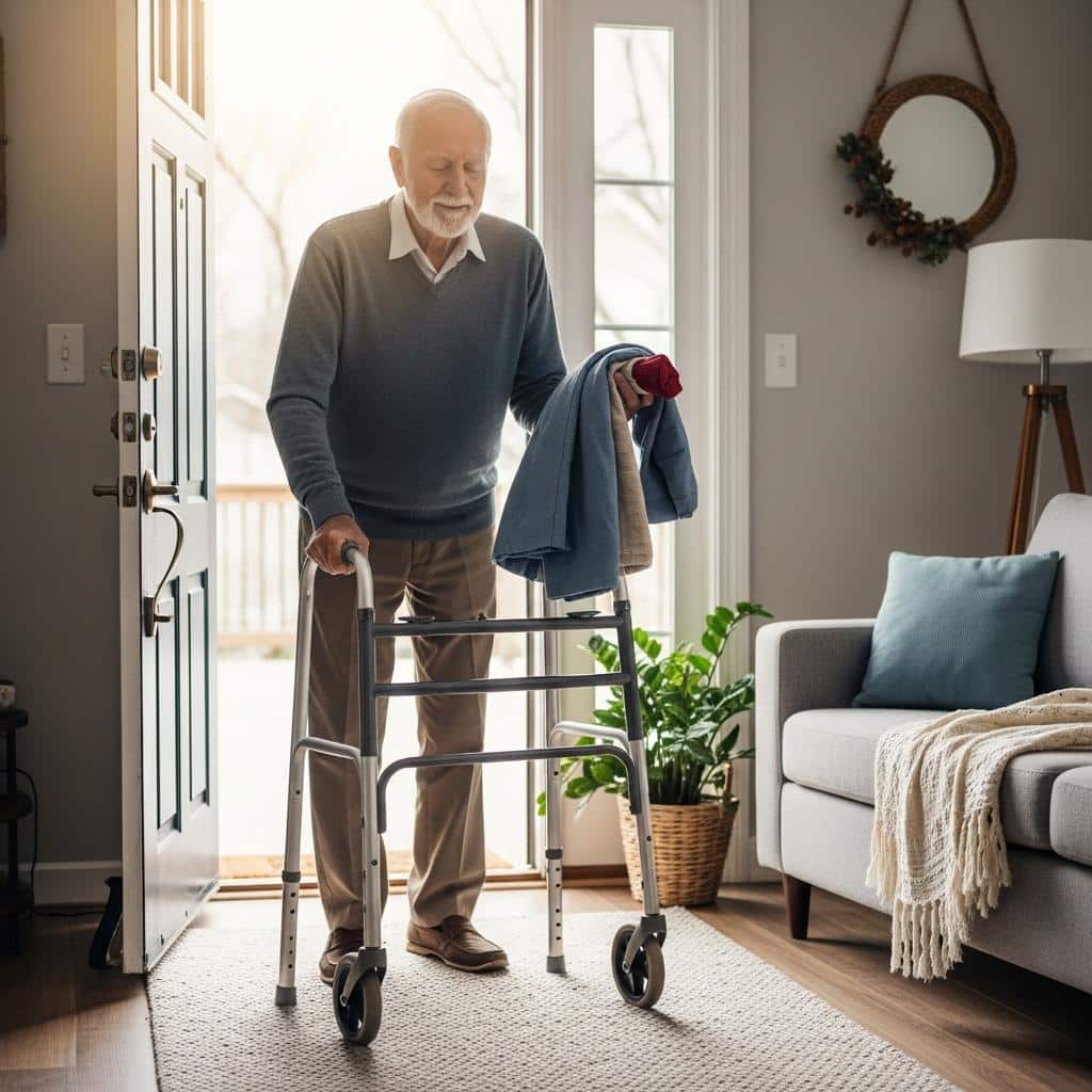 Older man with walker resting in entryway, sunlight streaming in, full-body view