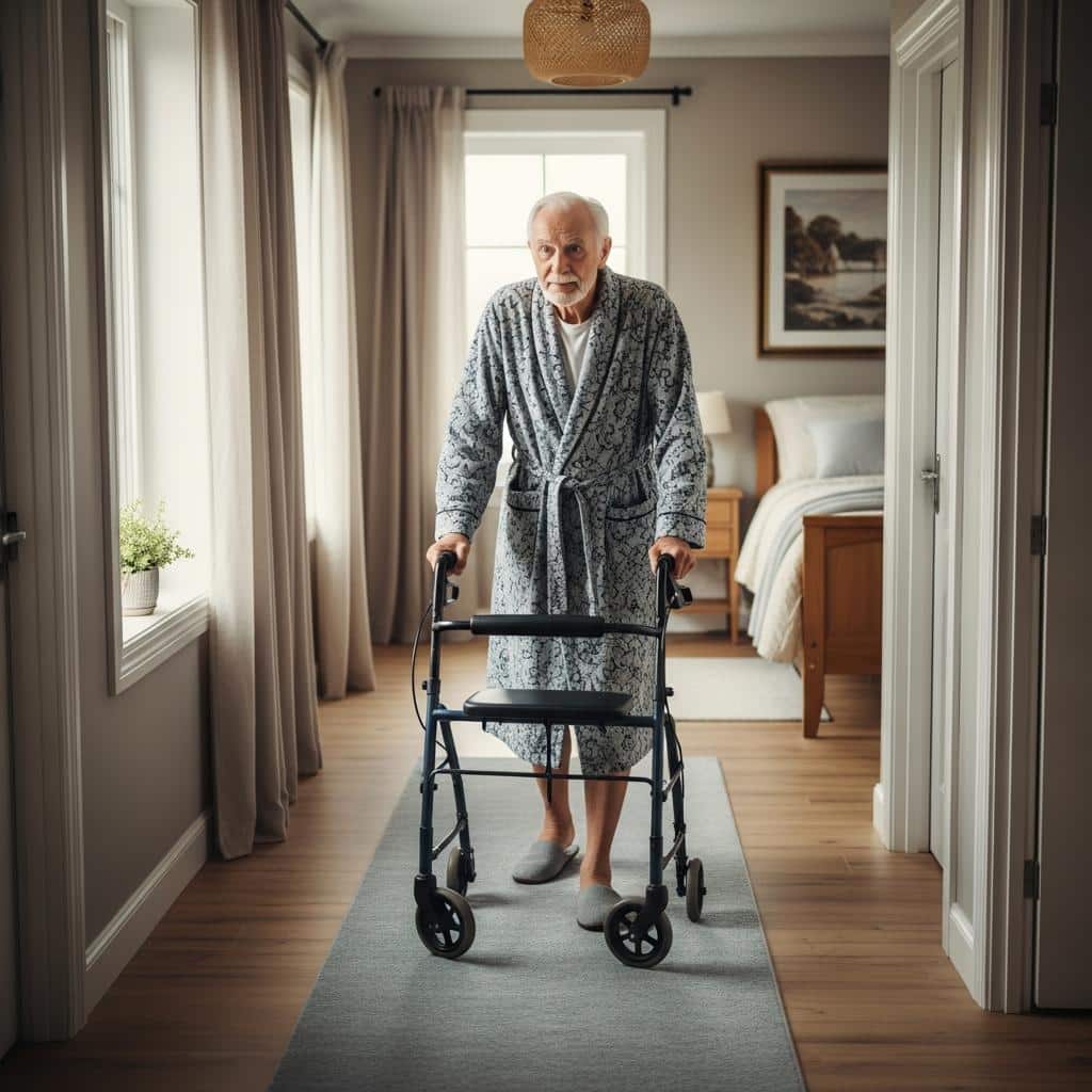 Older man with walker moving toward a bedroom in a bright hallway, full-body view