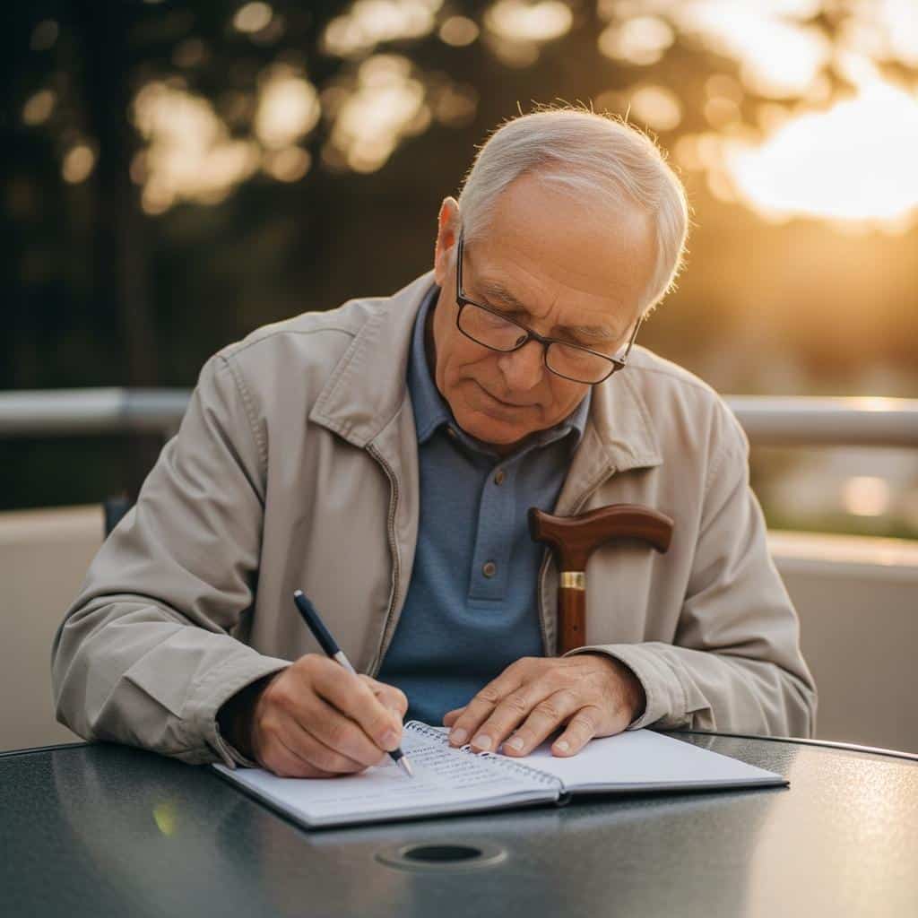 Older man with cane using a savings booklet at patio table, relaxed and focused, waist-up.