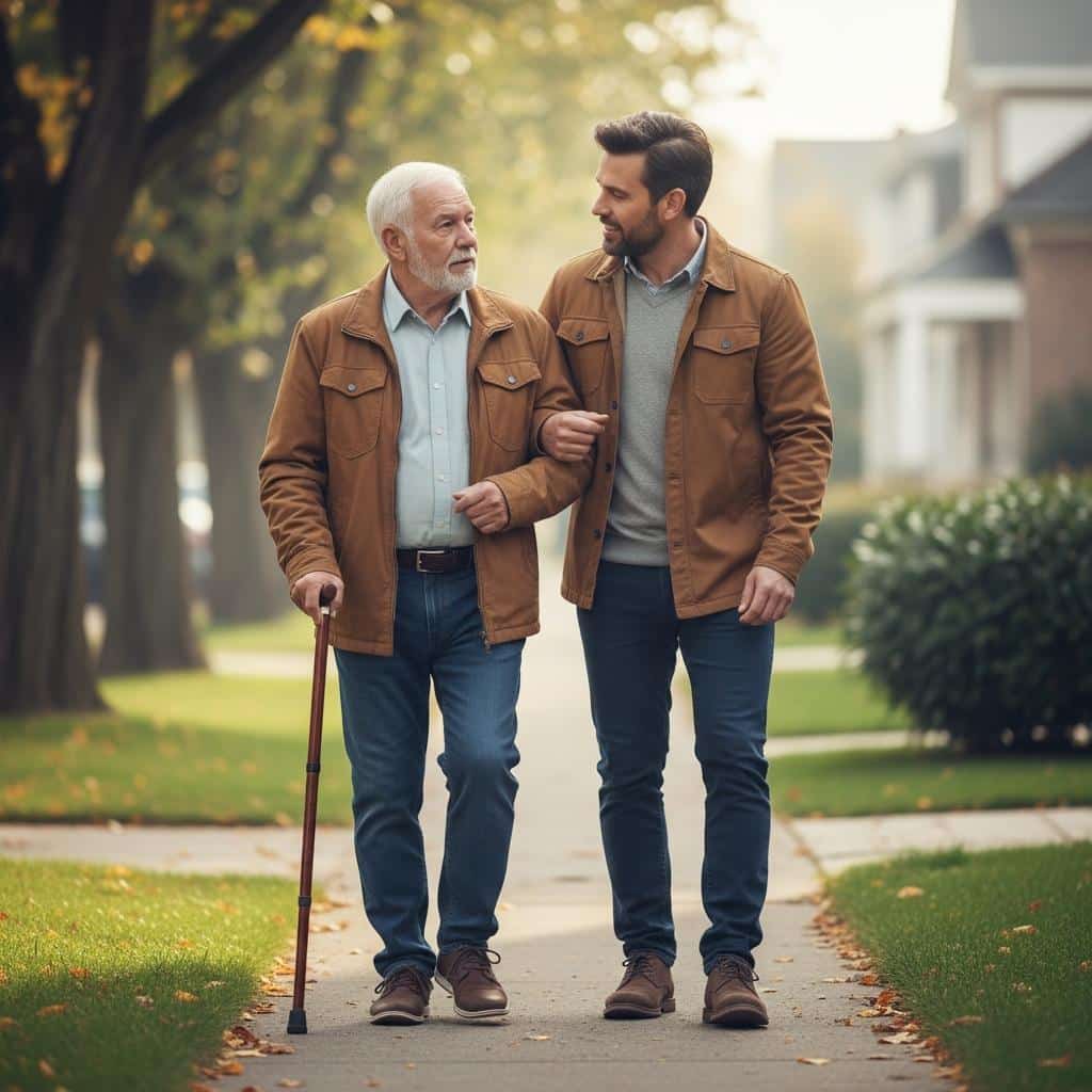 Older man with cane walking with supportive adult son on sidewalk