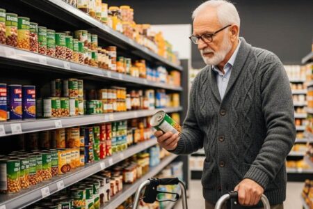 Older woman sitting at a kitchen table planning weekly meals with a notebook, waist-up view