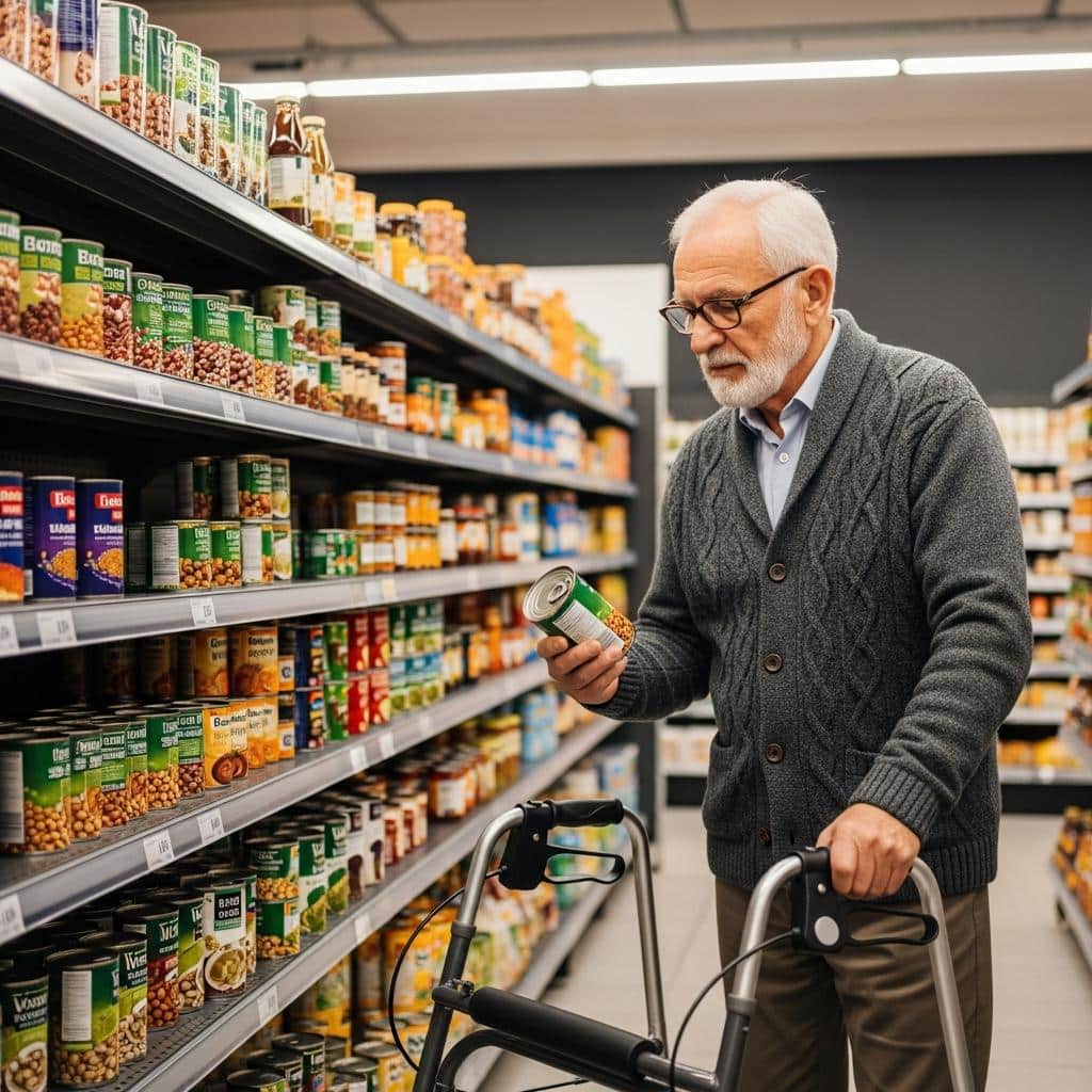 Older man using a walker in a grocery store aisle reading food label, full-body