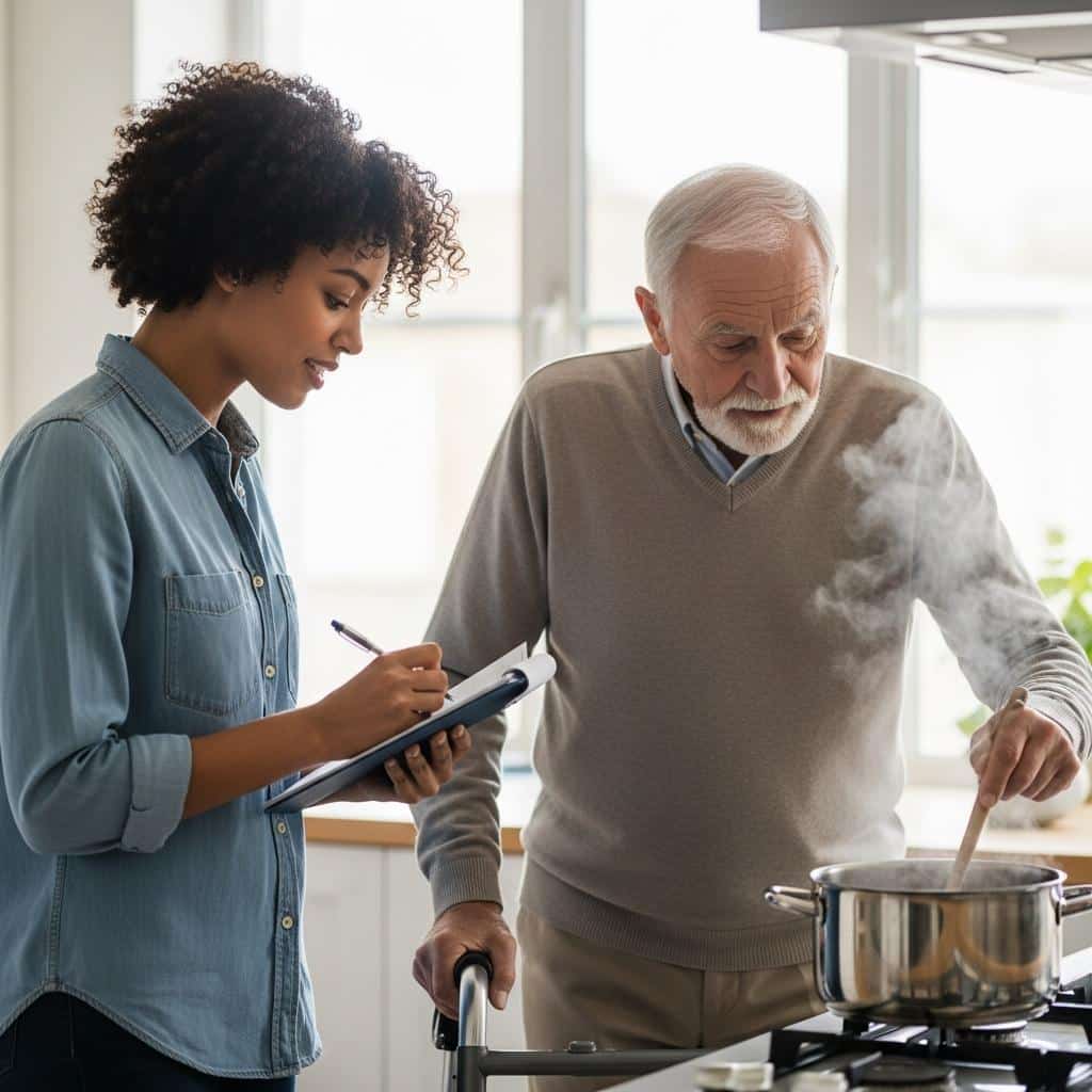 Older man with walker and his adult daughter cooking together at a stove