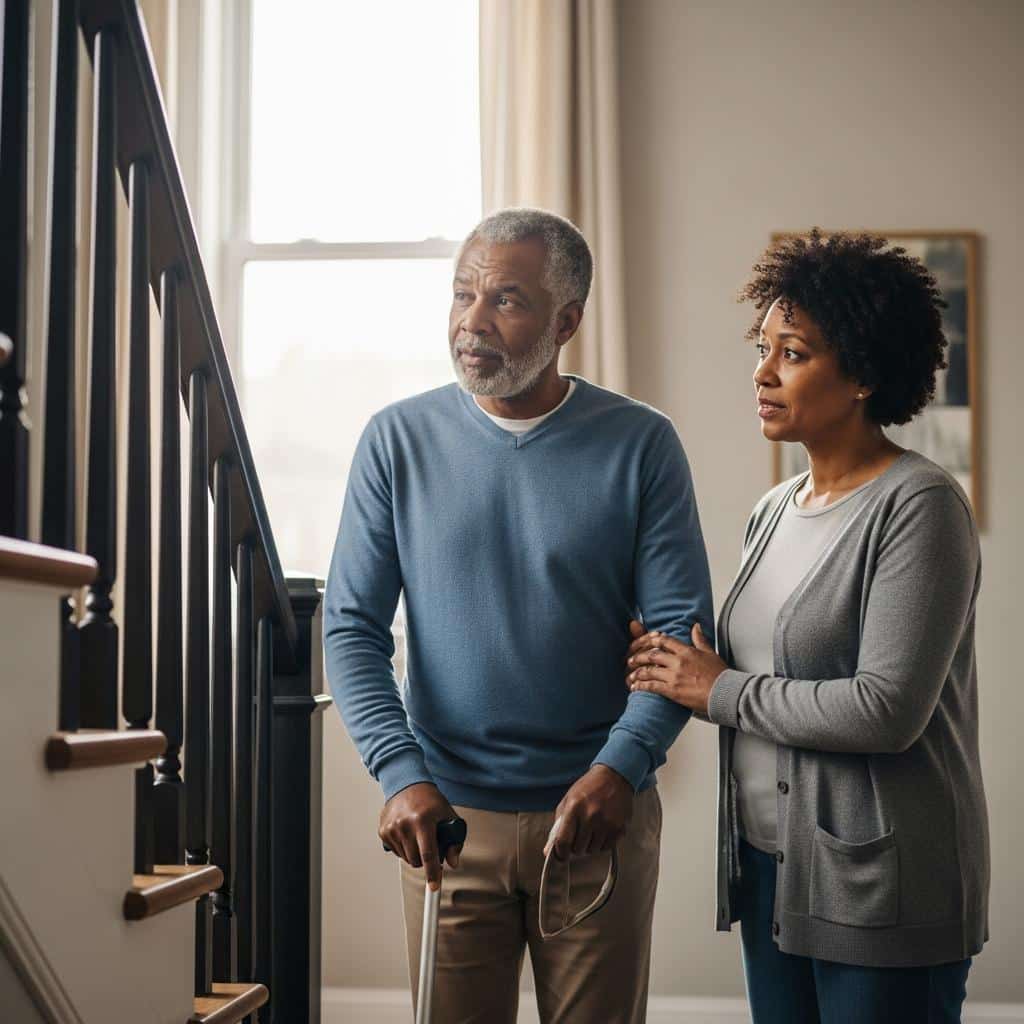 Older couple at the base of stairs, man using a cane, woman looking on supportively
