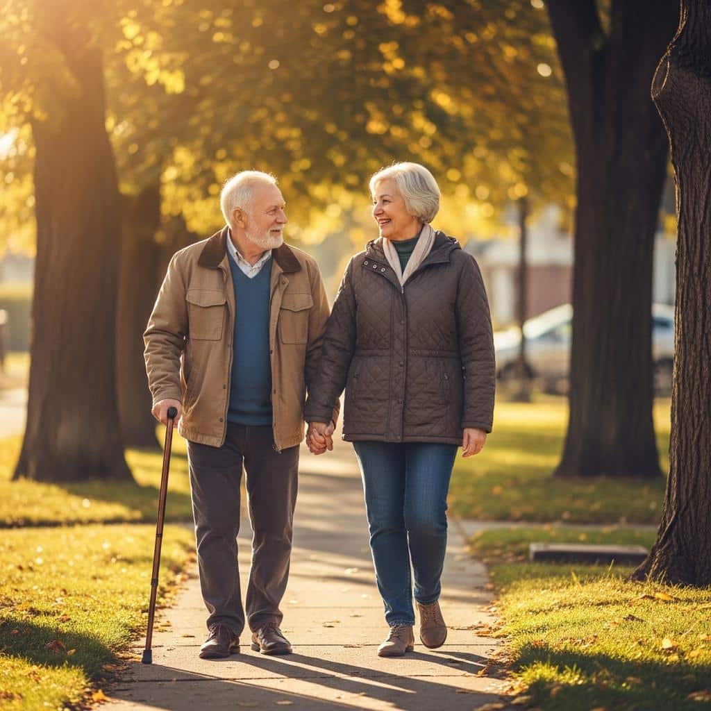 Older couple walking arm in arm on a neighborhood sidewalk, one using cane