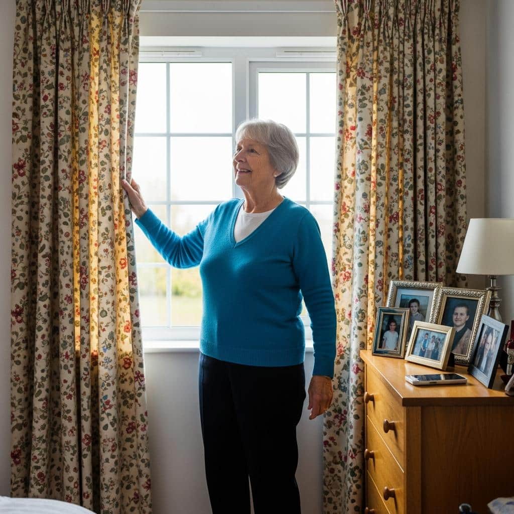Older woman hanging floral curtains in a sunlit converted bedroom with family photos on a dresser