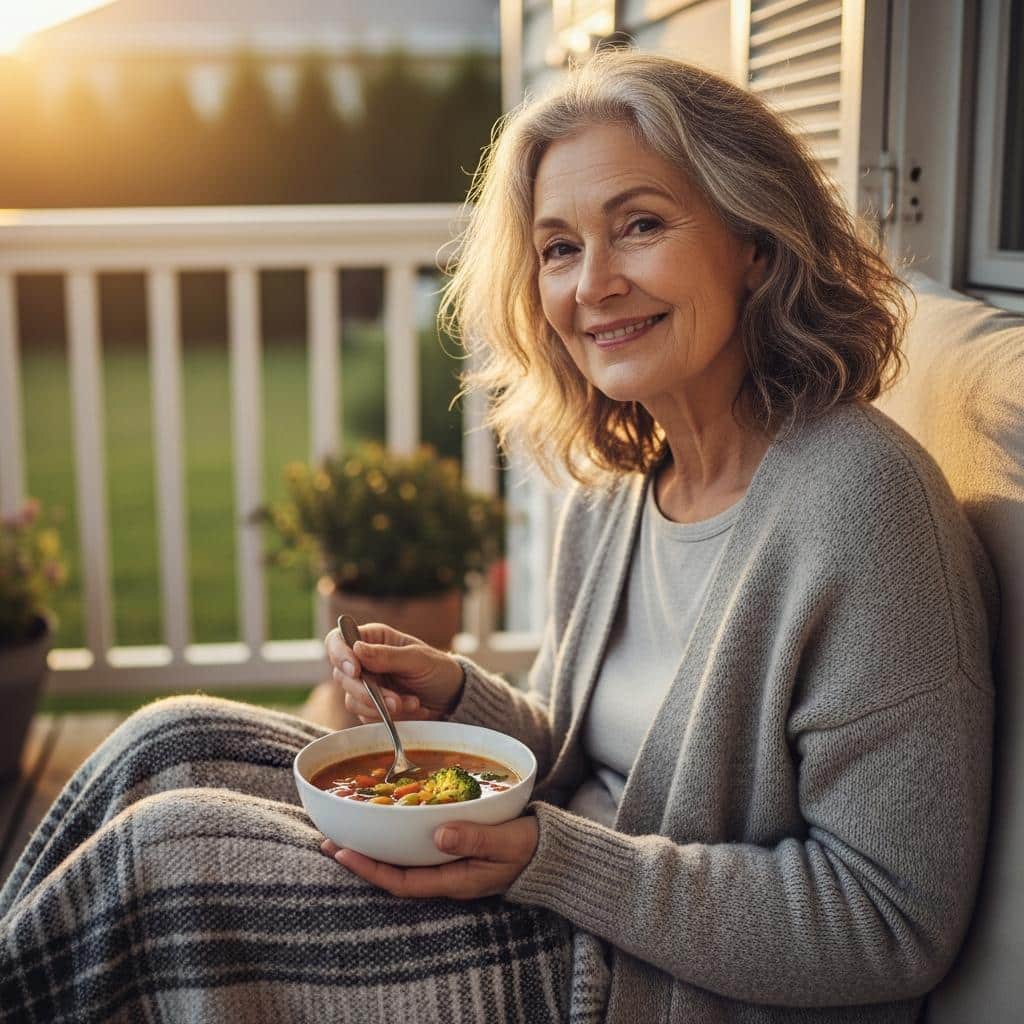 Older woman with a blanket on porch enjoying vegetable soup at sunset, full-body view