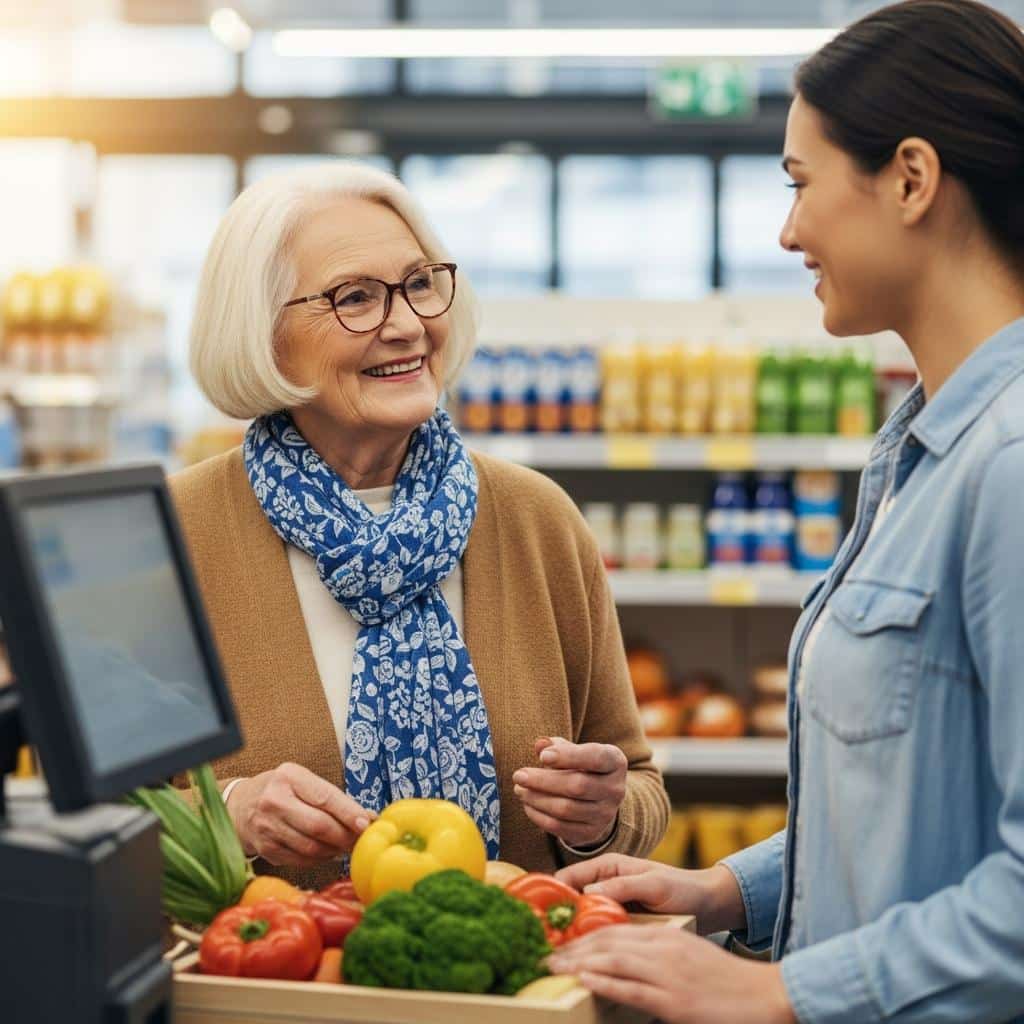 Older woman talking with cashier at grocery store checkout, waist-up view