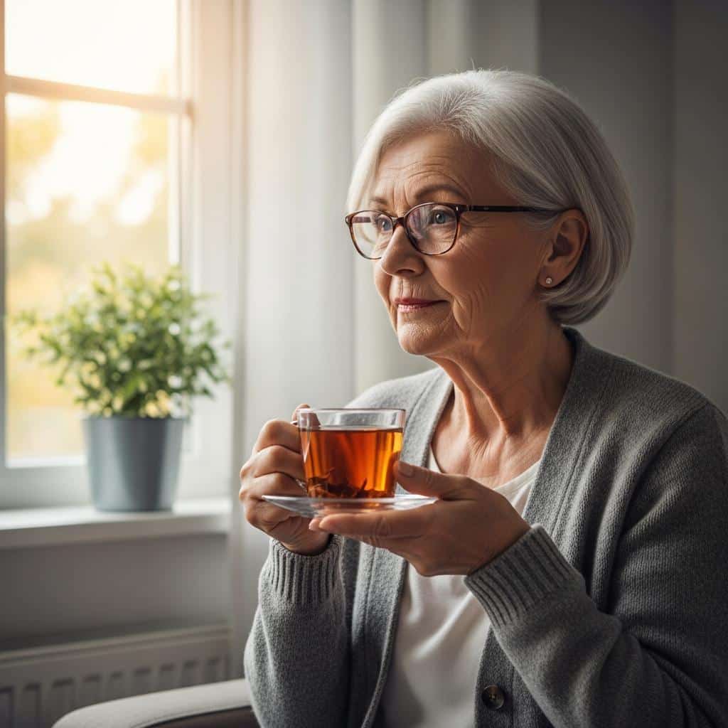 Older woman sitting near a window, drinking tea, appearing peaceful and thoughtful