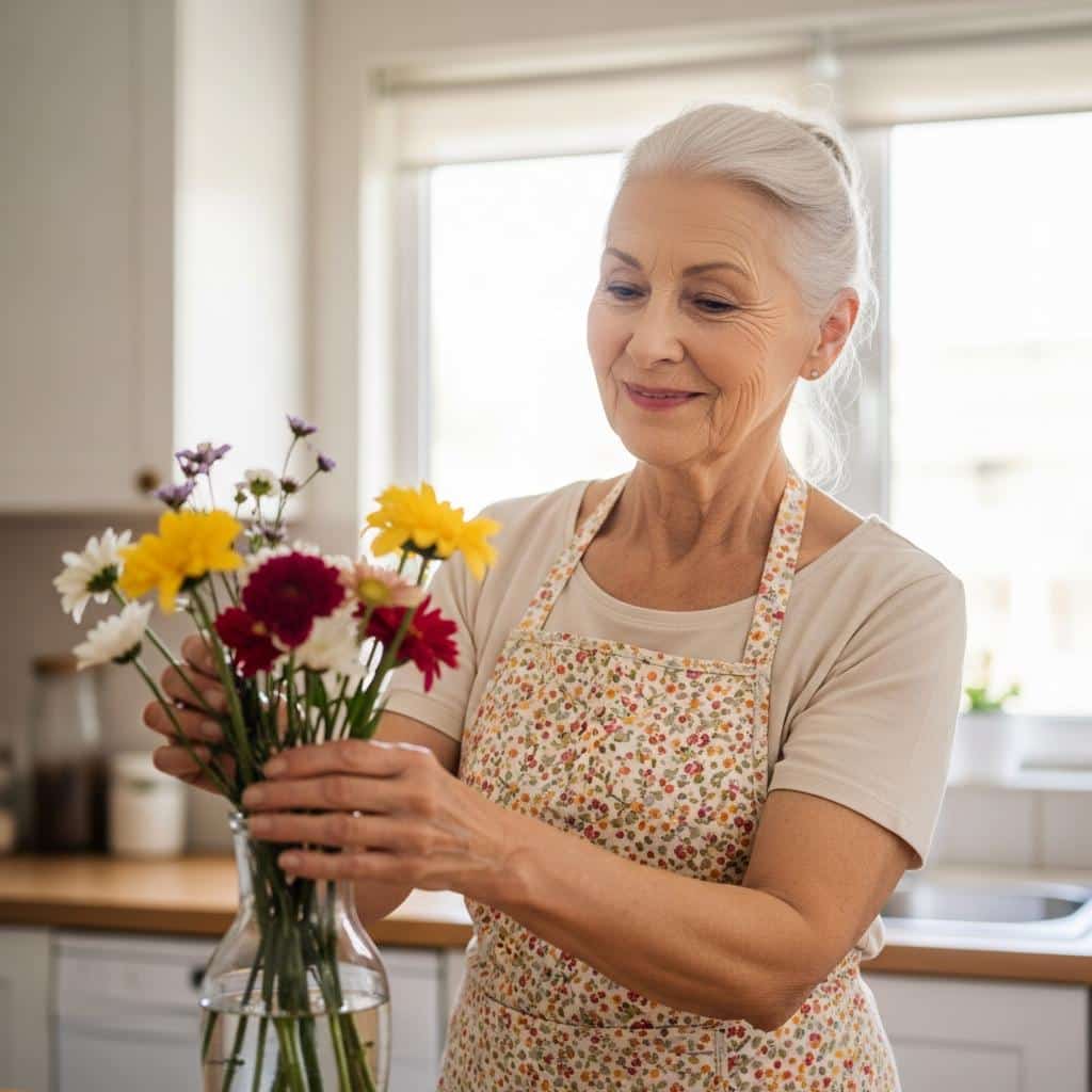 Older woman arranging flowers in vase on kitchen counter