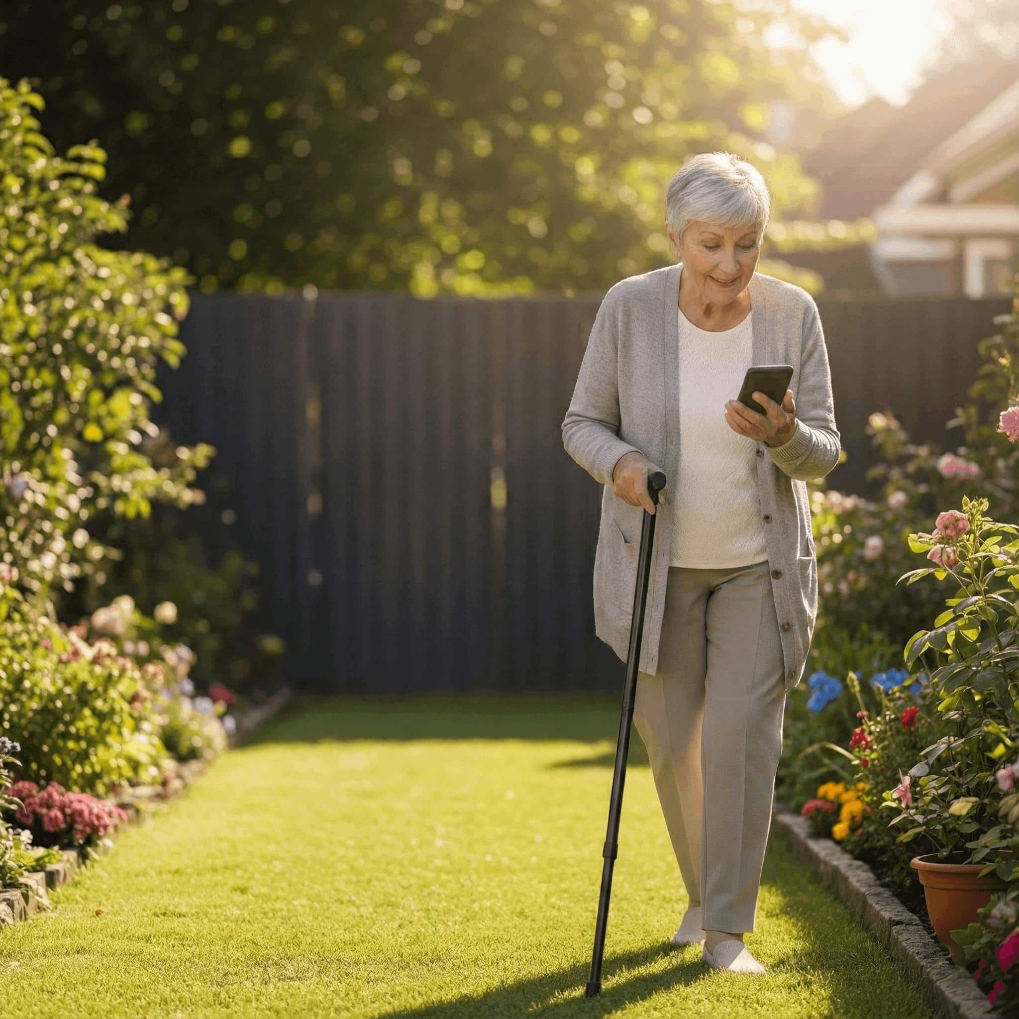 Older woman walking in her garden with a cane and texting on her phone
