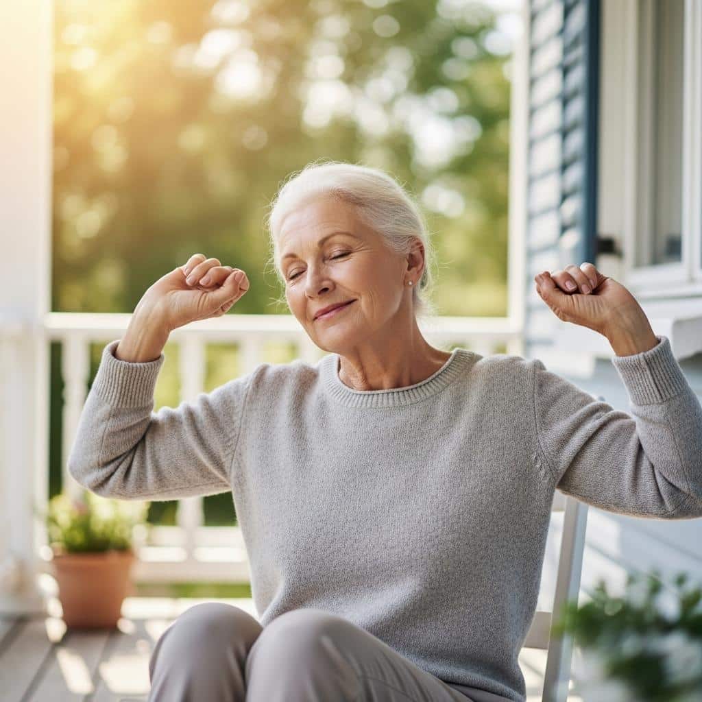 Senior woman doing gentle stretches while seated on a porch in soft daylight