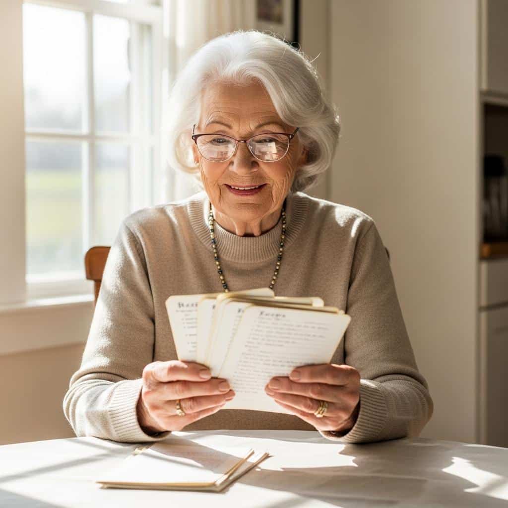 Senior woman with silver hair sits at a kitchen table holding aged recipe cards, softly smiling