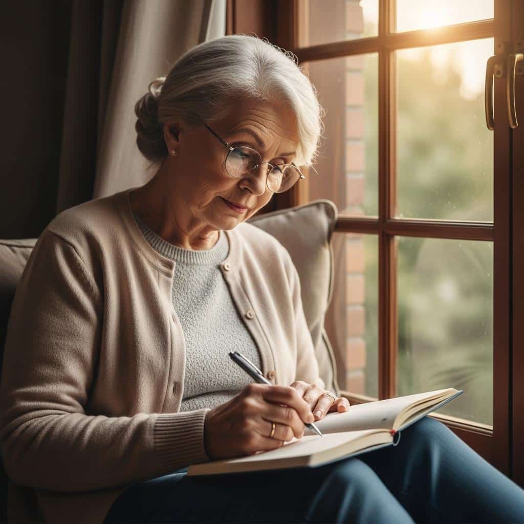 Older woman writing in journal by sunlit window, appearing thoughtful and relaxed
