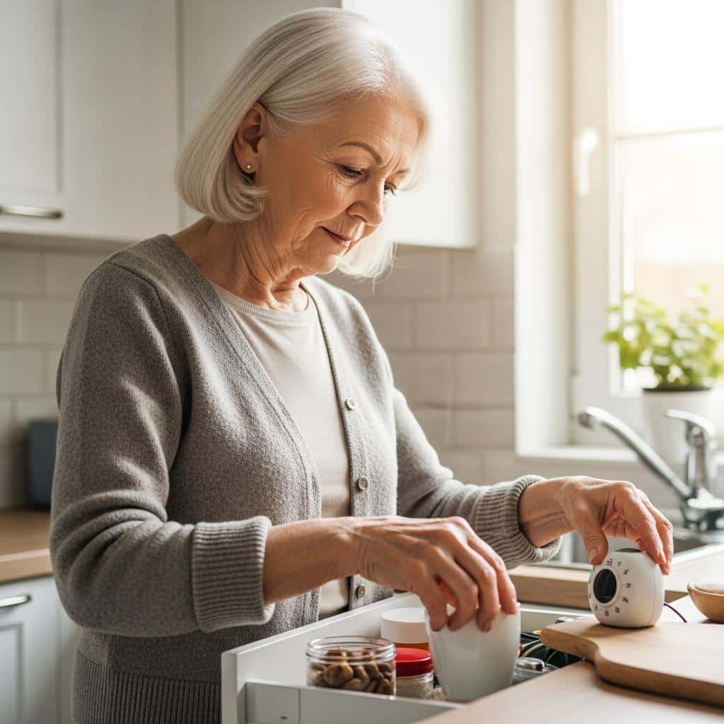 Older woman sorting kitchen drawer with a timer, waist-up view, natural sunlight