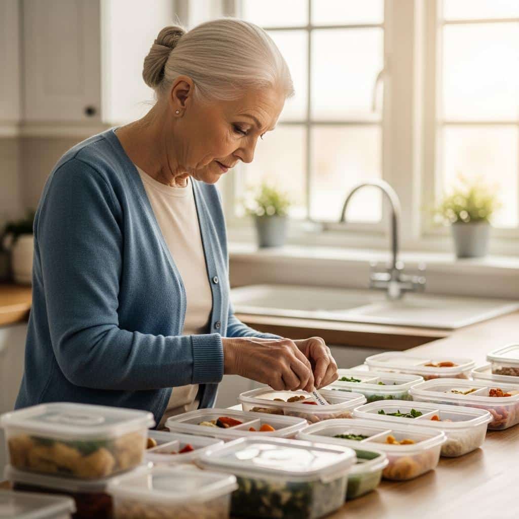 Older woman labeling meal containers at kitchen counter in sunlit kitchen