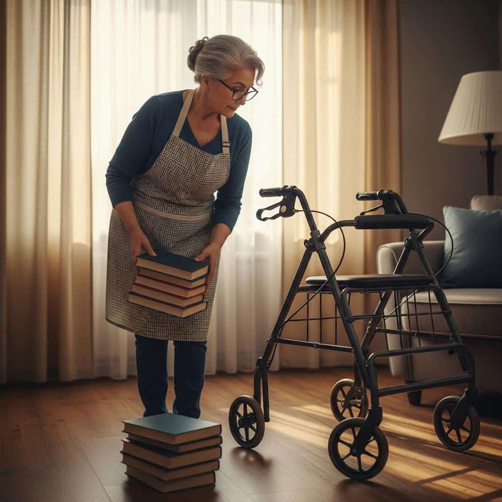 Older woman moving books from floor next to walker in living room, full-body