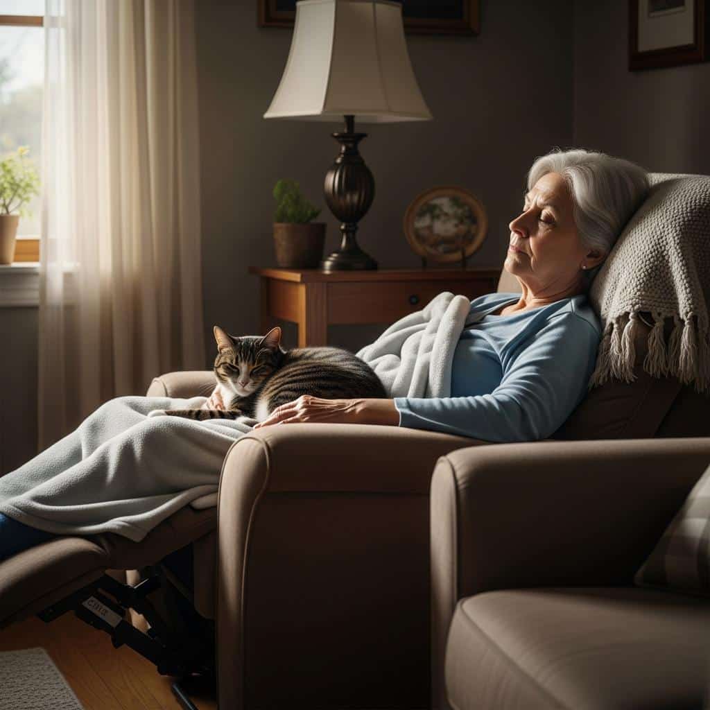 Older woman peacefully napping in recliner with a cat on her lap in softly lit living room