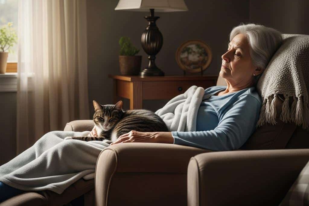 Older woman napping cat recliner[1]